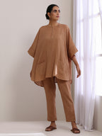 trueBrowns Beige Dobby Boxy Fit High-Low Co-Ord Set | Grocsy
