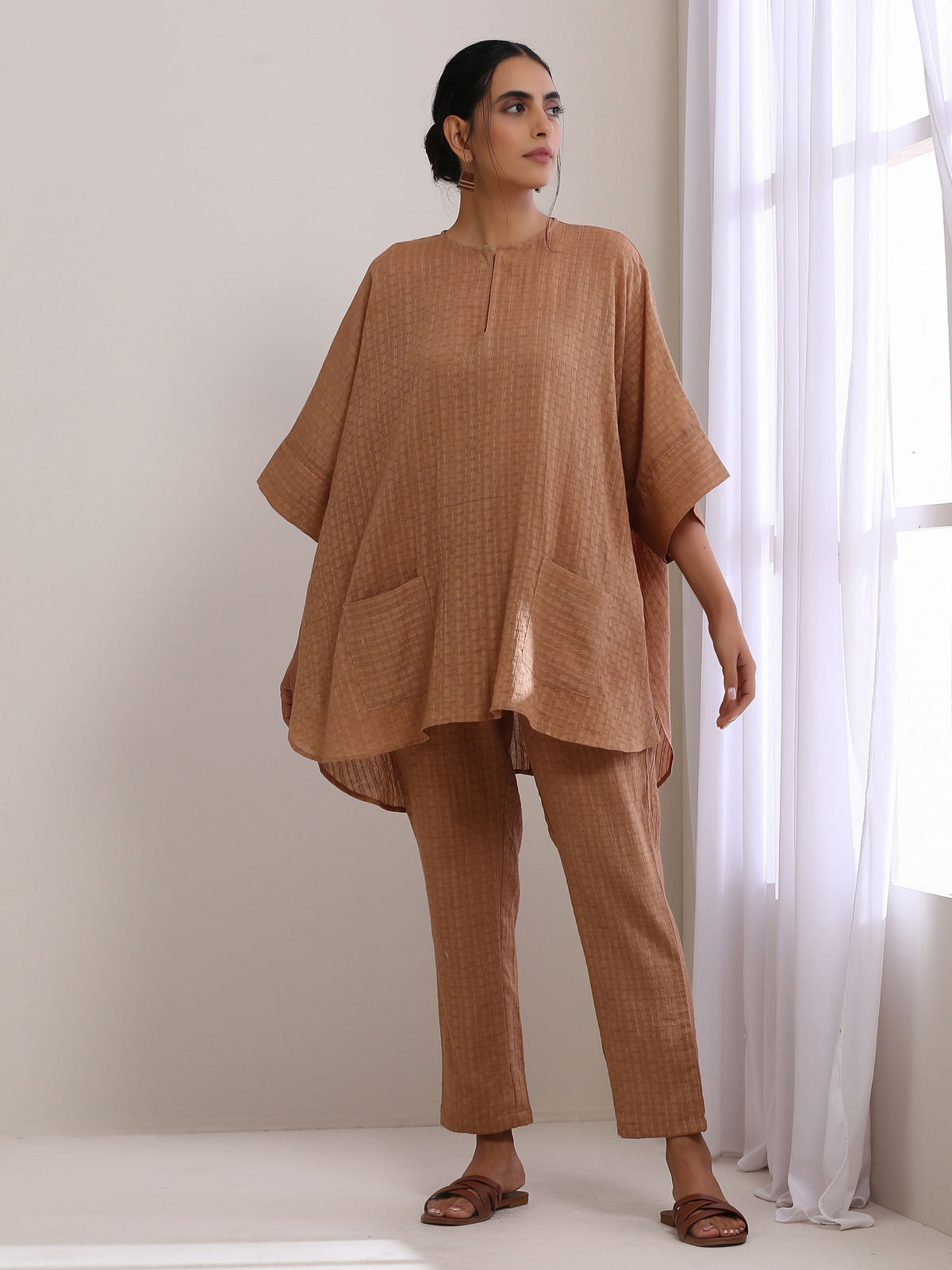 trueBrowns Beige Dobby Boxy Fit High-Low Co-Ord Set | Grocsy