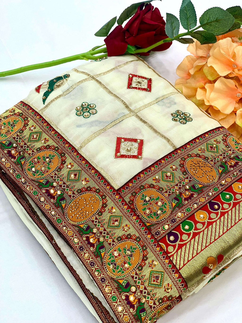Lorenvalley Fashion Premium White Vichitra Silk Embroidery and Diamond work Both Side Saree | Grocsy