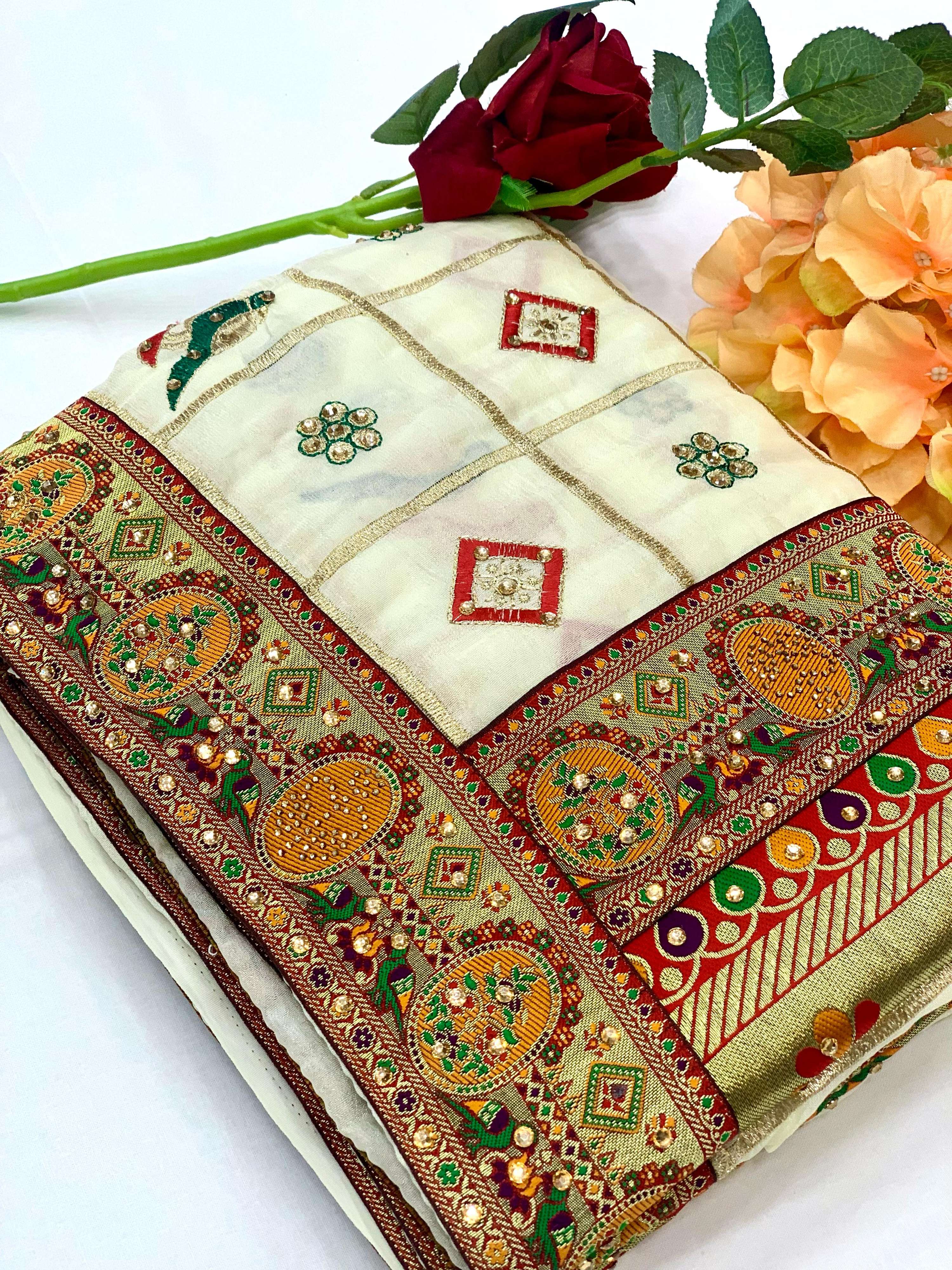Lorenvalley Fashion Premium White Vichitra Silk Embroidery and Diamond work Both Side Saree | Grocsy