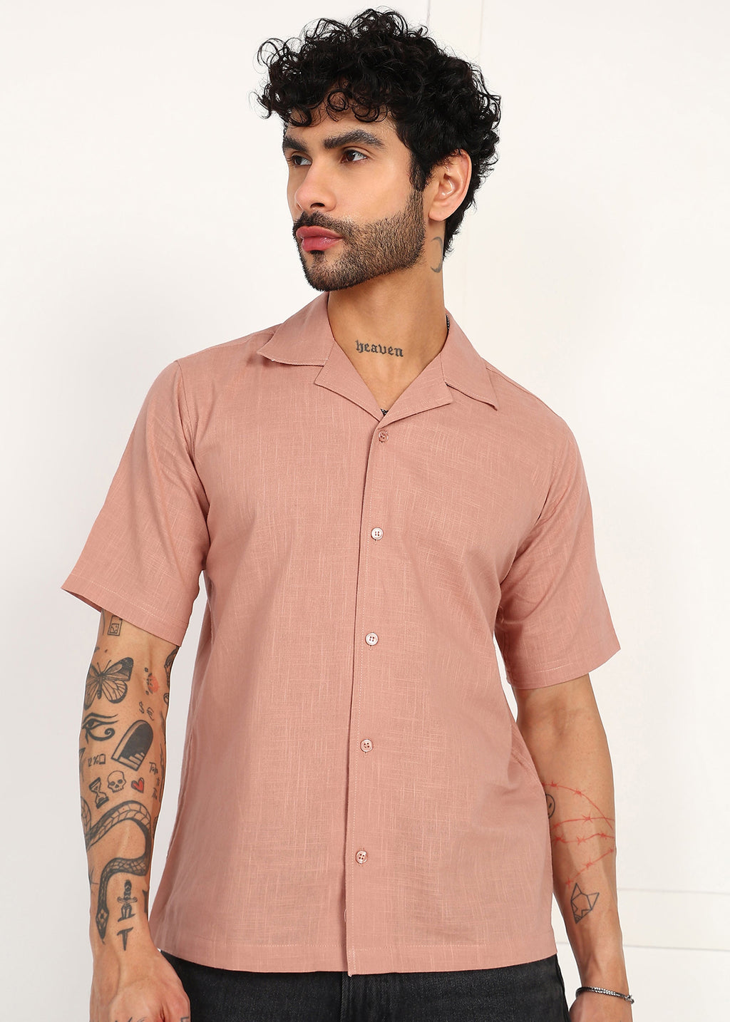 Fabmade Men’S Peach Linen Short-Sleeve Shirt | Grocsy