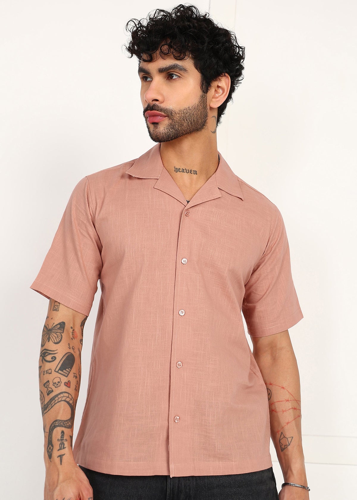 Fabmade Men’S Peach Linen Short-Sleeve Shirt | Grocsy