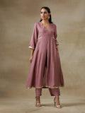 trueBrowns Dark Mauve Bandhani Printed Silk Front Slit Kurta Pant Set | Grocsy