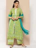 KSUT (House of Varanga) Green Floral Printed A-Line Kurta Paired With Printed Palazzo And Chiffon Dupatta | Grocsy