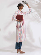trueBrowns Off-White Cotton Multi Stripe A-line Kurta Set | Grocsy