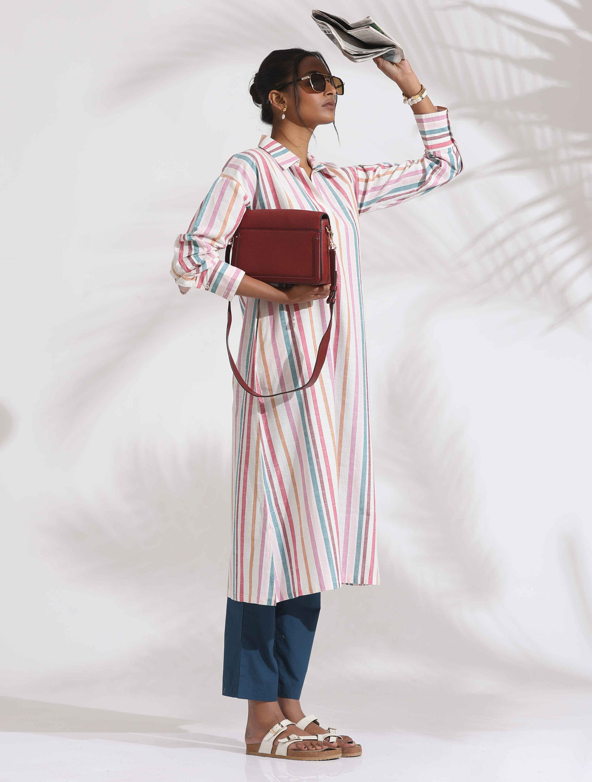 trueBrowns Off-White Cotton Multi Stripe A-line Kurta Set | Grocsy