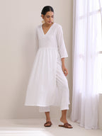 trueBrowns White Dobby High Slit Gathered Kurta Set | Grocsy