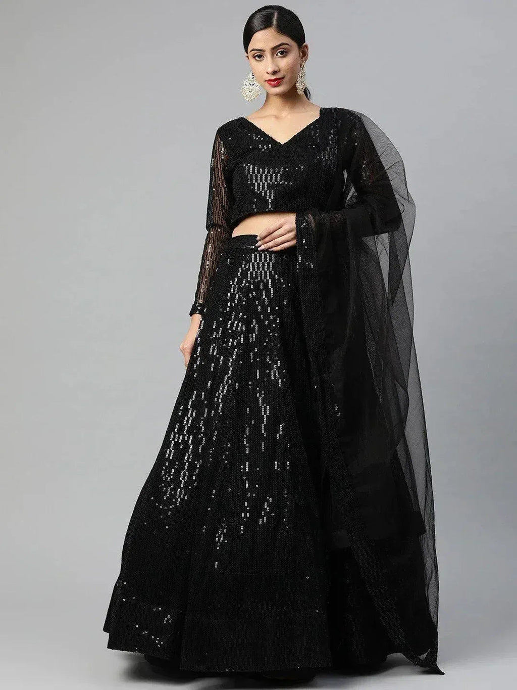 Tulsi Art Black Embroidered Sequinned Semi-Stitched Myntra Lehenga & Blouse With Dupatta | Grocsy