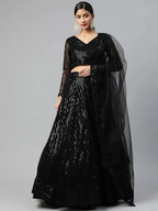 Tulsi Art Black Embroidered Sequinned Semi-Stitched Myntra Lehenga & Blouse With Dupatta | Grocsy
