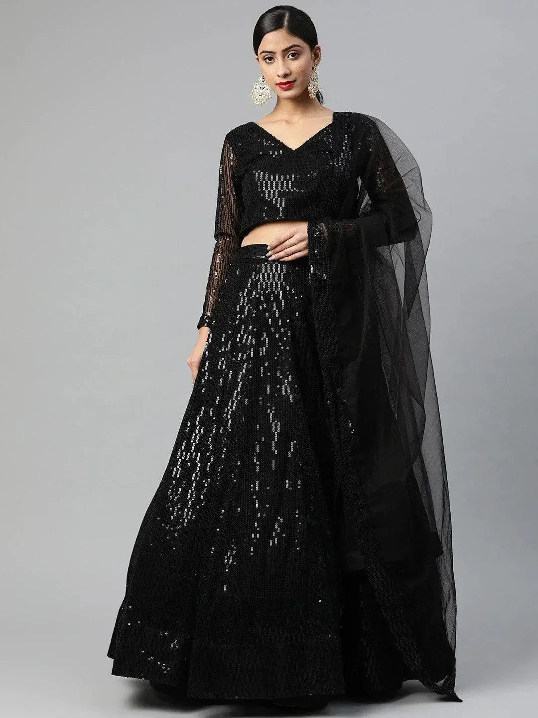 Tulsi Art Black Embroidered Sequinned Semi-Stitched Myntra Lehenga & Blouse With Dupatta | Grocsy