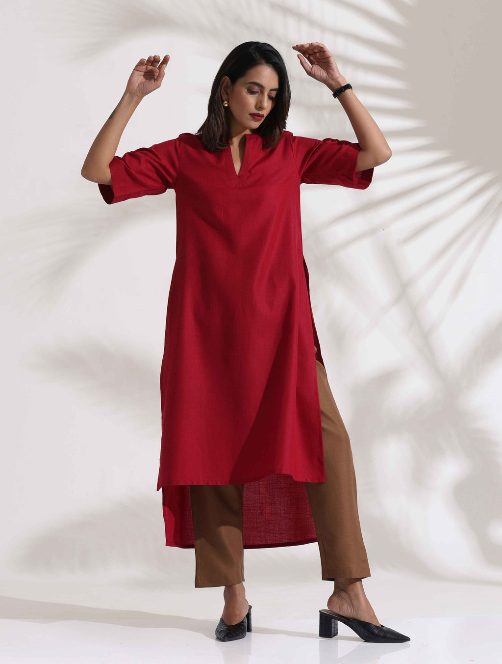 trueBrowns Maroon Slub Highslit Kurta Set | Grocsy