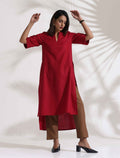 trueBrowns Maroon Slub Highslit Kurta Set | Grocsy