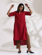 trueBrowns Maroon Slub Highslit Kurta Set | Grocsy
