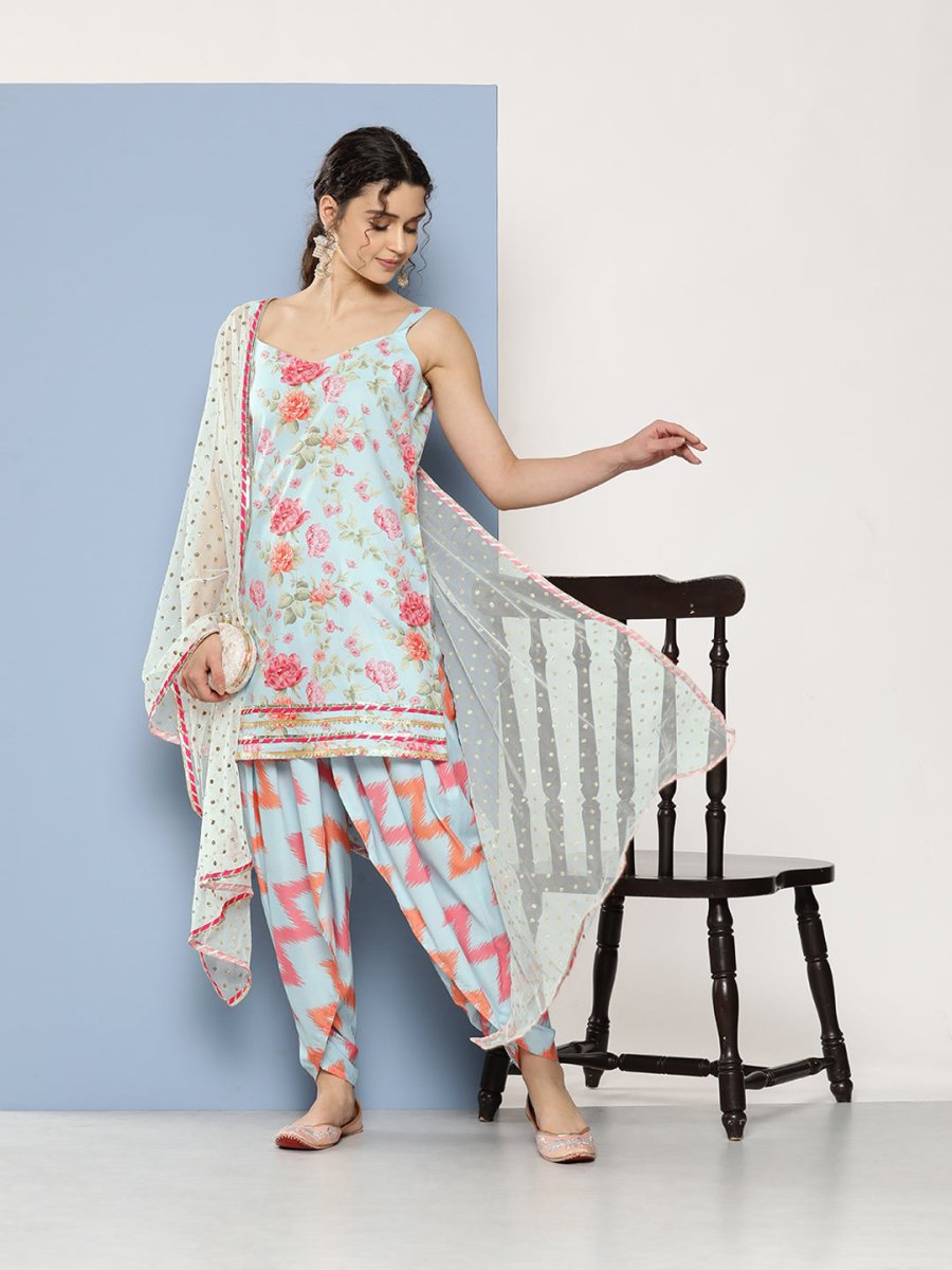 Ahalyaa Women Floral Printed Gotta Patti Kurti With Dhoti Pants & With Dupatta | Grocsy