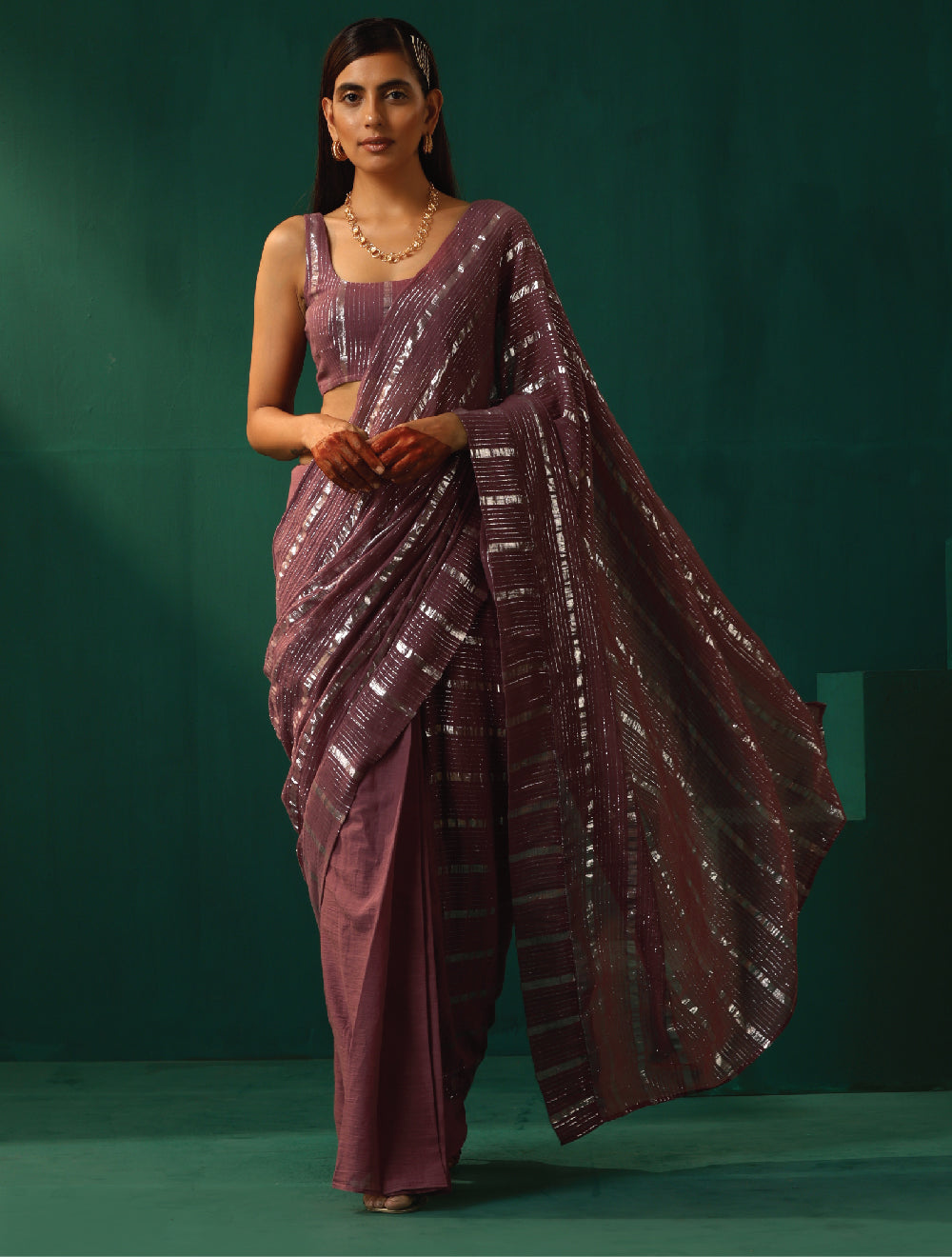 trueBrowns Mauve Cotton Silver Lurex Striped Ready to Wear Saree | Grocsy