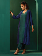trueBrowns Blue Teal Silk Kurta Jacket Set | Grocsy