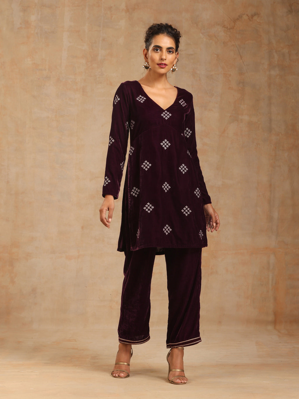 trueBrowns Wine Velvet Embroidered Co-ord Set | Grocsy