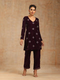 trueBrowns Wine Velvet Embroidered Co-ord Set | Grocsy