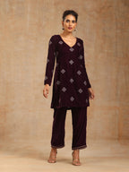 trueBrowns Wine Velvet Embroidered Co-ord Set | Grocsy
