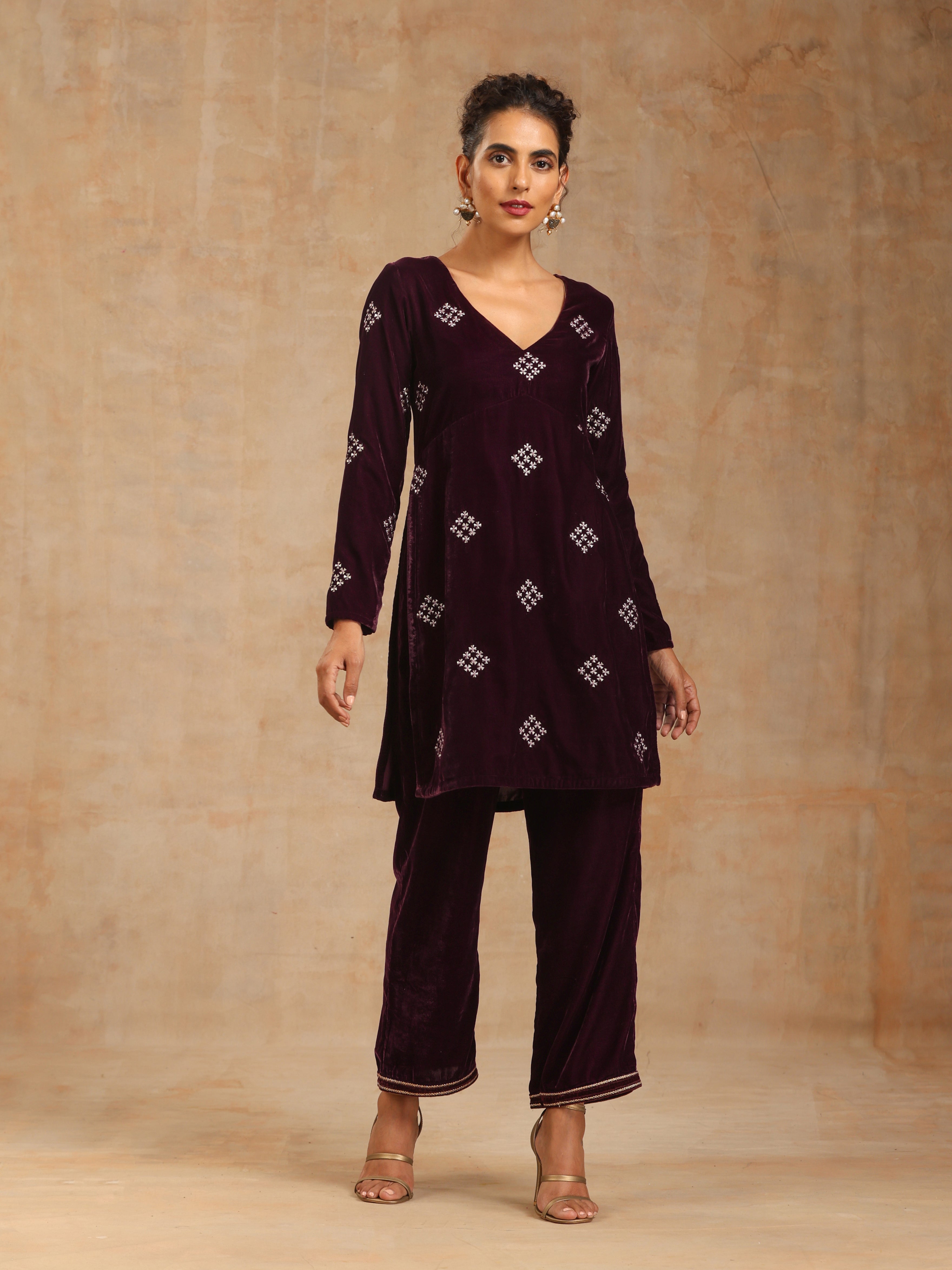 trueBrowns Wine Velvet Embroidered Co-ord Set | Grocsy