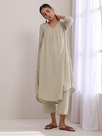 trueBrowns Light Grey Slub Gathered Kurta Pant Set | Grocsy