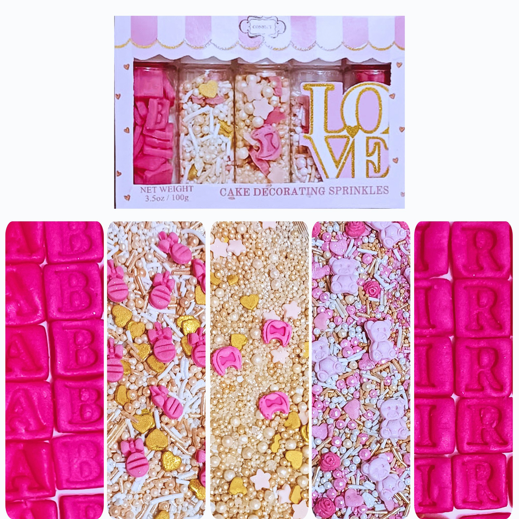 Confect Girls Baby Shower Sprinkles | Mix Heart, Teddy, Baby Feed Bottle & Baby Feet Sprinkles | Grocsy