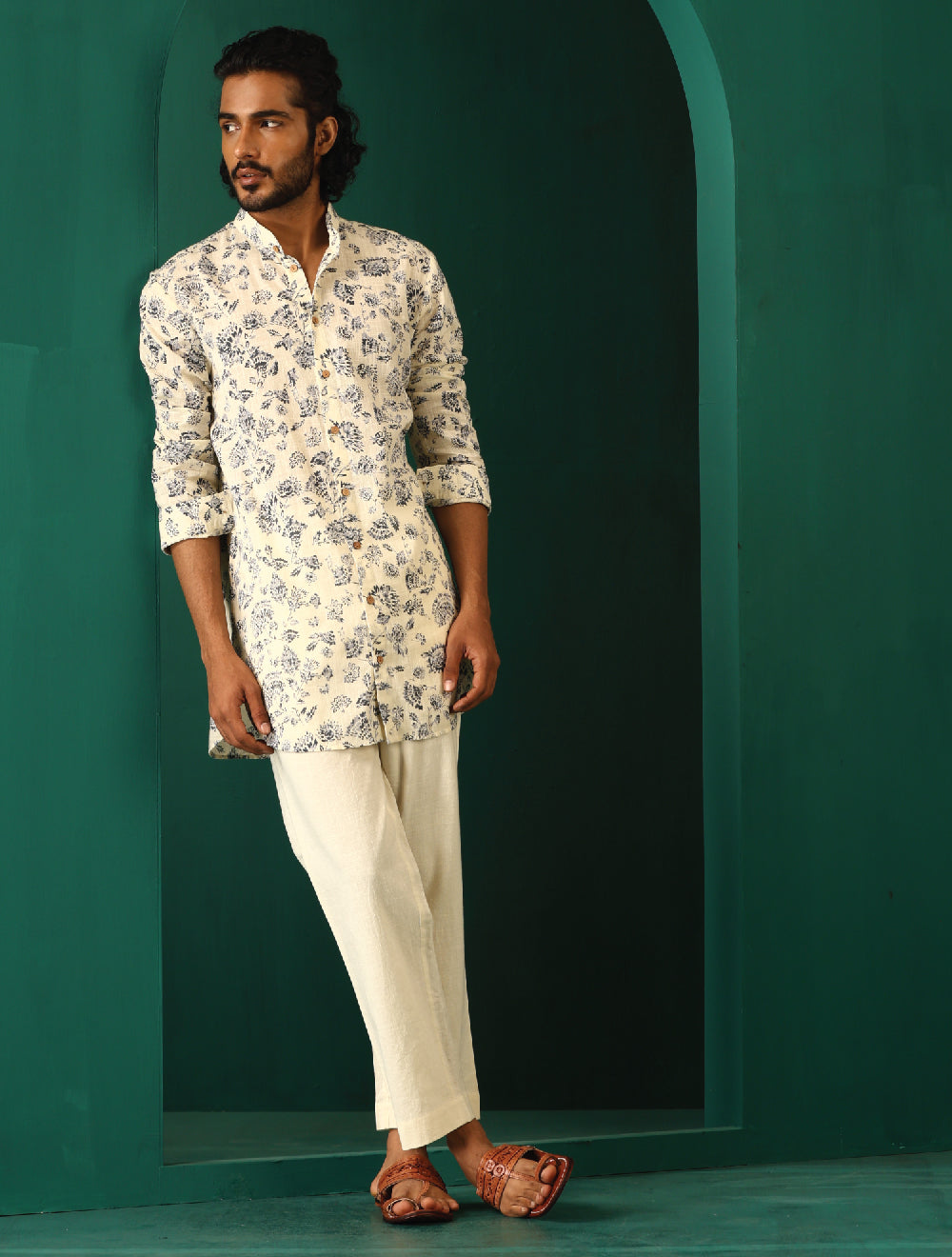 trueBrowns Men's Ivory Floral Cotton Printed Co-ord Set | Grocsy