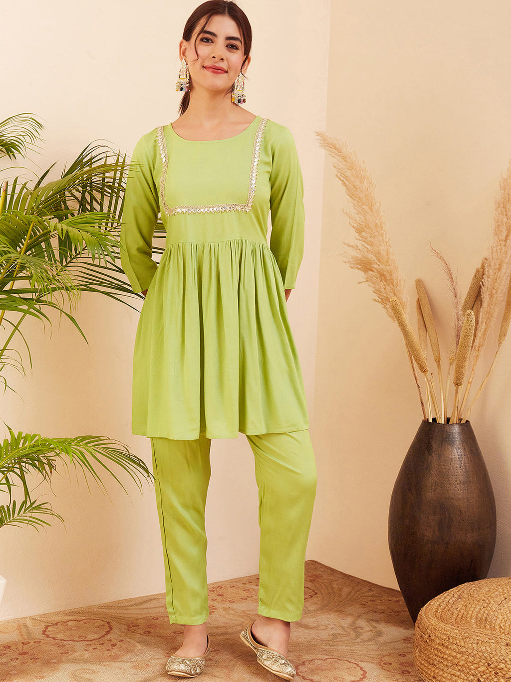 InWeave Women's Pear Green Round Neck Square Gota Work Kurta Pant Set | Grocsy