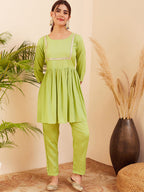 InWeave Women's Pear Green Round Neck Square Gota Work Kurta Pant Set | Grocsy