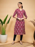 InWeave Women's Wine Floral Print Straight Angrakha Gota Kurta | Grocsy
