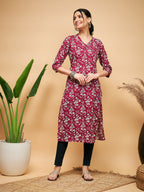 InWeave Women's Wine Floral Print Straight Angrakha Gota Kurta | Grocsy