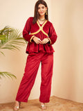 InWeave Women's Barn Red Mughal Shaan Style Velvet Short Kurta Set | Grocsy