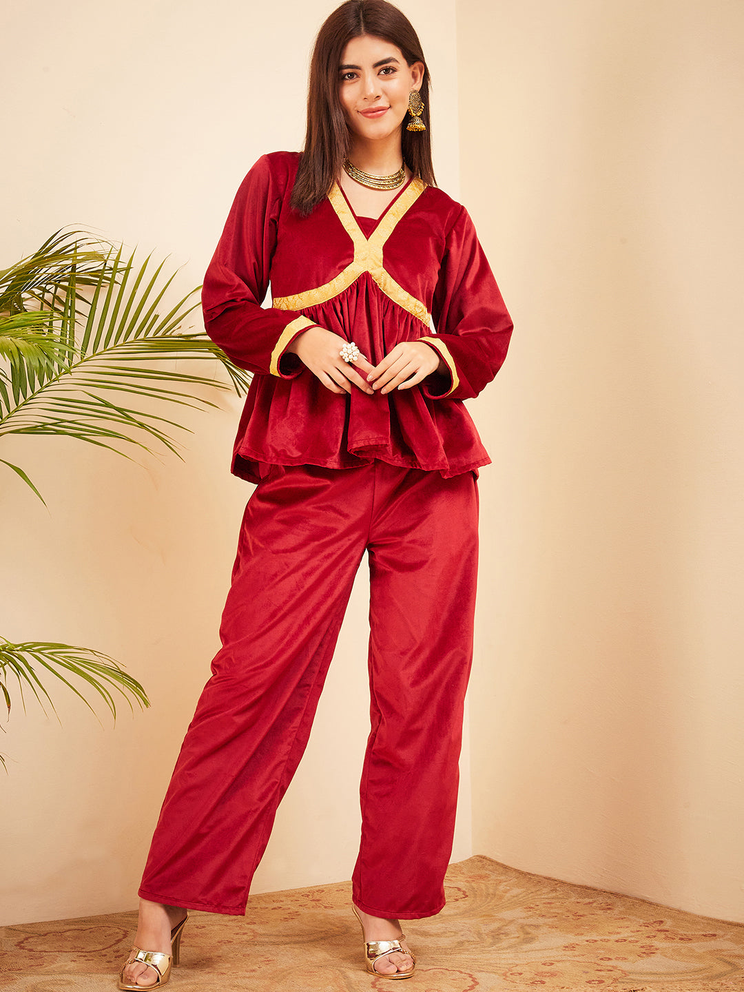 InWeave Women's Barn Red Mughal Shaan Style Velvet Short Kurta Set | Grocsy