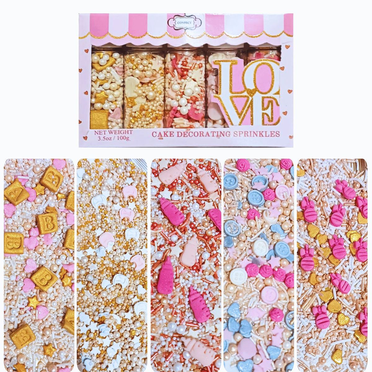 Confect Girls Baby Shower Sprinkles | Mix Heart, Teddy, Baby Feed Bottle & Baby Feet Sprinkles | Grocsy