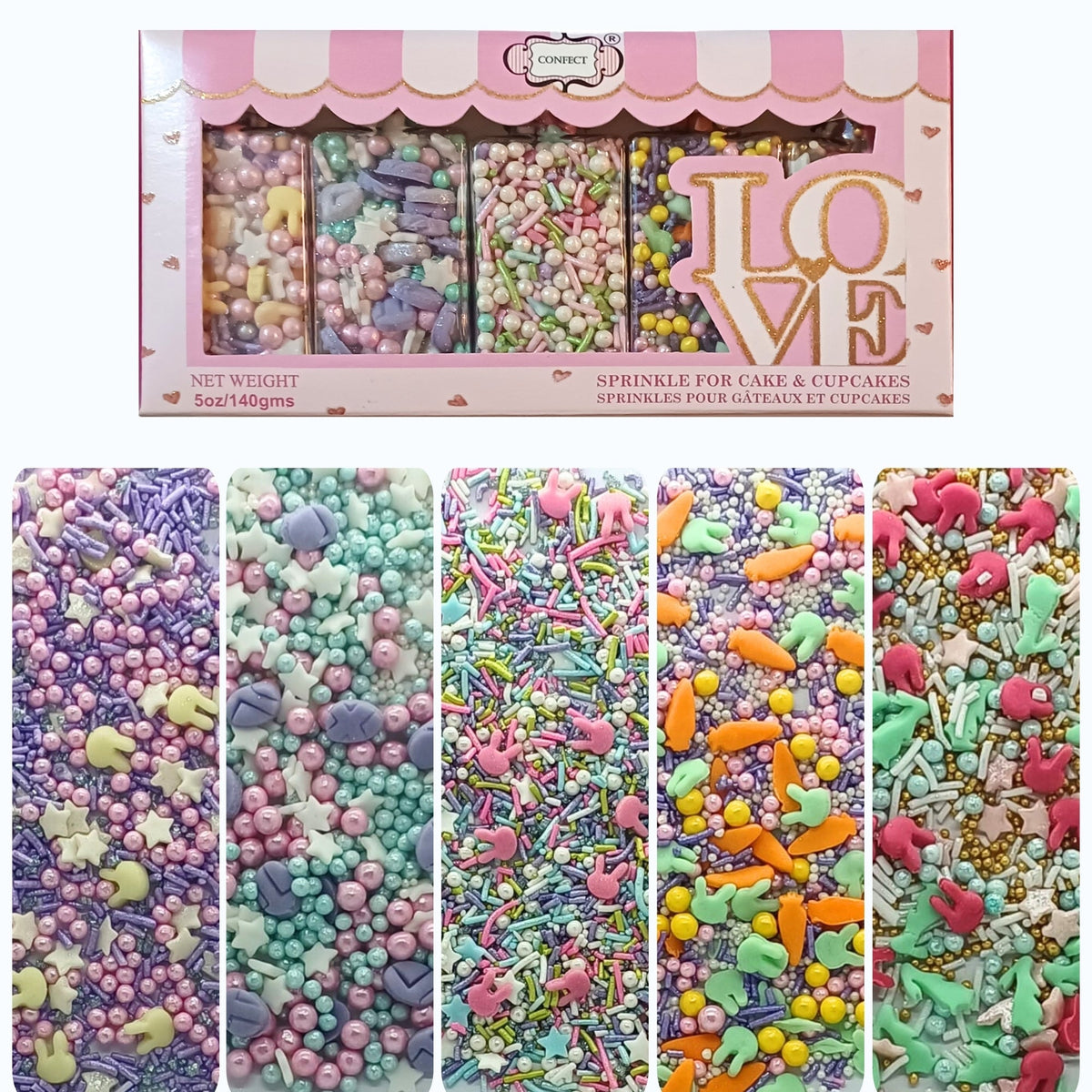 Confect Edible Sprinkles | Mix Red, Pink, Green & Yellow Pearls Pack of 5 (EAST 1) - 100Gms | Grocsy