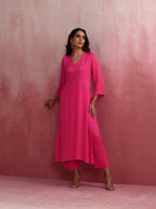 trueBrowns Pink Modal High Slit Kurta Set | Grocsy