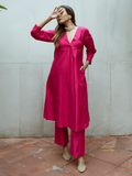 trueBrowns Pink Dupion Silk Puff Sleeve Kurta Pant Set | Grocsy