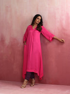 trueBrowns Pink Modal Boxpleat Kurta Set | Grocsy