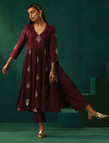 trueBrowns Wine Geometric Viscose Silk High Slit Kurta Pant Set | Grocsy