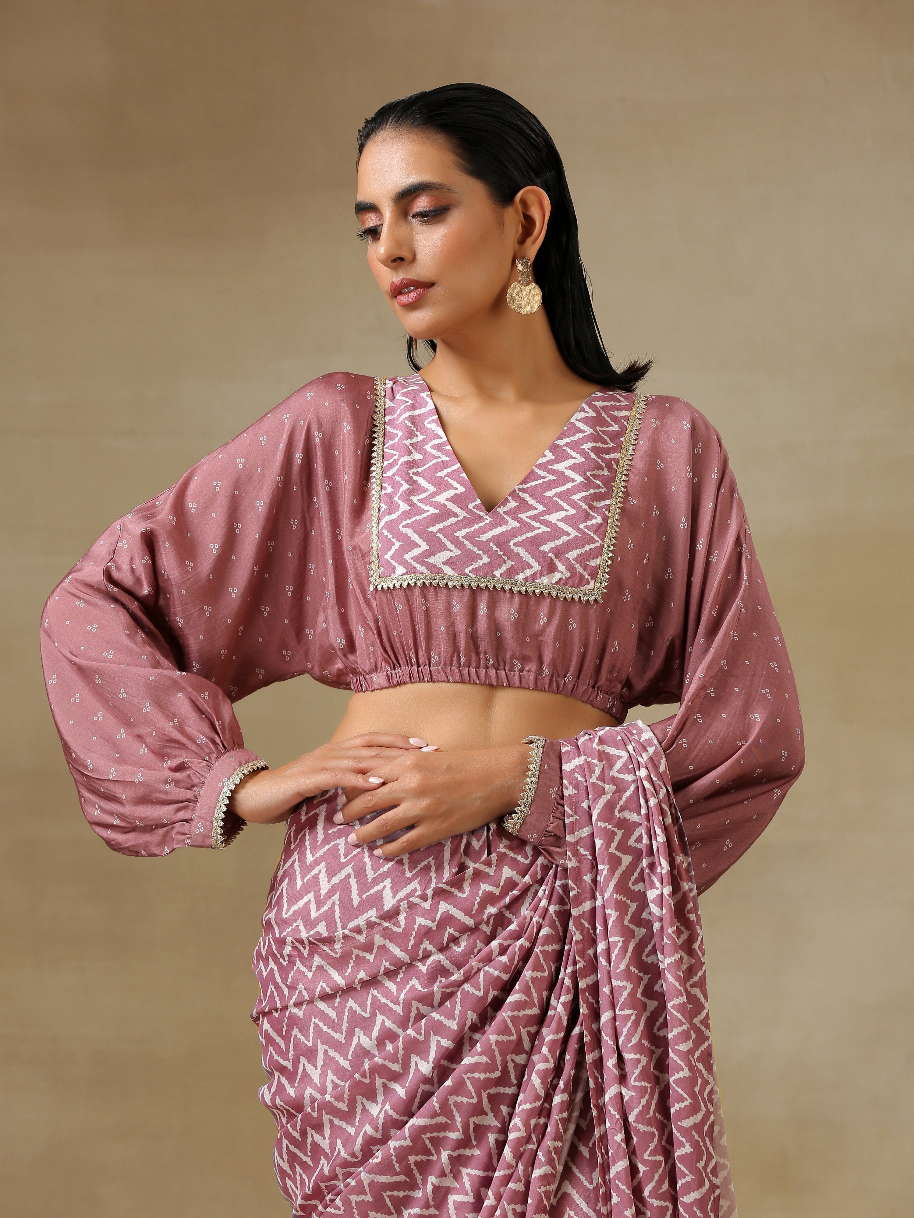 trueBrowns Dark Mauve Bandhani Printed Silk Elasticated Blouse | Grocsy