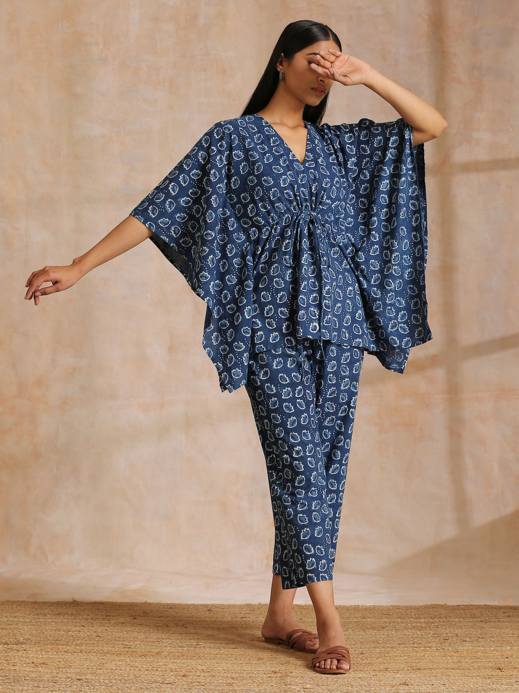 trueBrowns Indigo Dabu Floral Print Cotton Kaftan Co-Ord Set | Grocsy