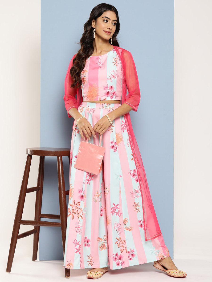 Ahalyaa Women Floral Printed Top with Palazzos & Shrug | Grocsy