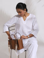 trueBrowns White Cotton Check Kurta Co-ord Set | Grocsy