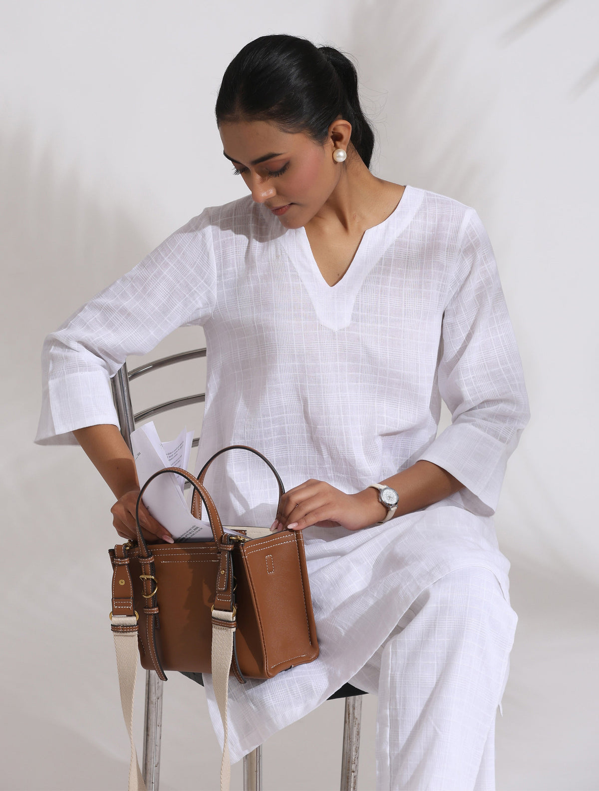 trueBrowns White Cotton Check Kurta Co-ord Set | Grocsy