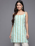 Ahalyaa Striped Floral Printed Shoulder Straps Crepe Tunic | Grocsy