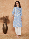 InWeave Women's Blue White Floral Square Lace Work Straight Kurta | Grocsy