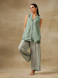trueBrowns Light Green Bandhani Printed Silk Sleevesless Jacket Pant Set | Grocsy