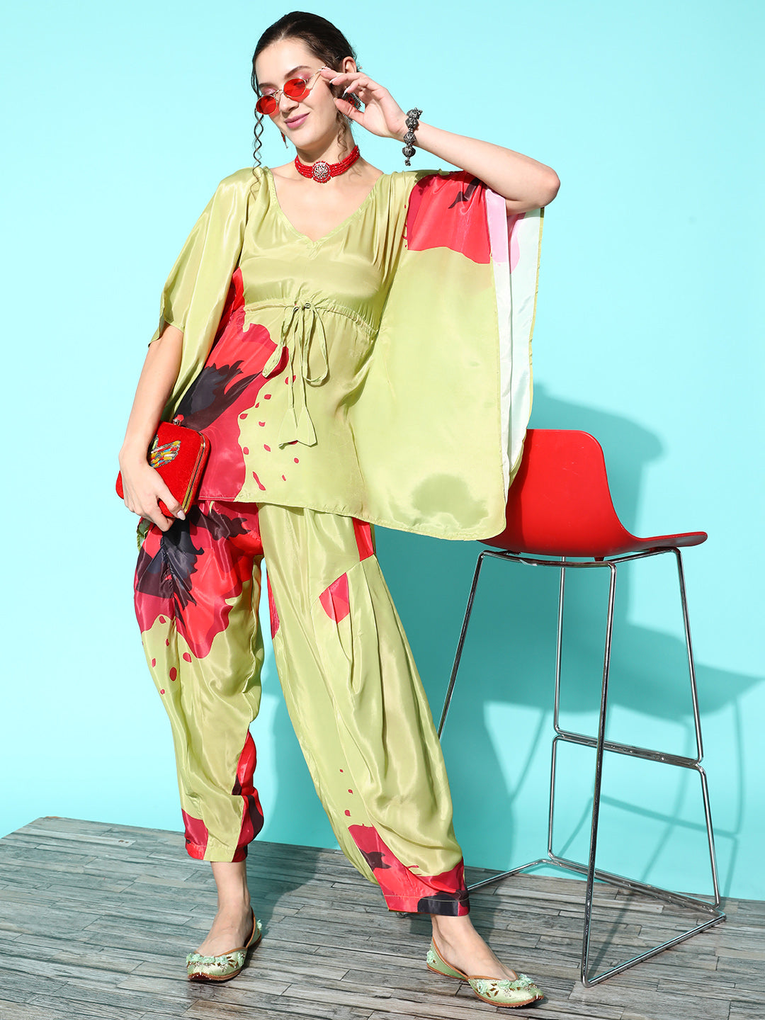 InWeave Women's Lime Green Red Big Motif Print Kurta Set | Grocsy