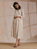 trueBrowns Pink Yellow Floral On White Block Print Cotton Wrap Dress | Relove | Grocsy