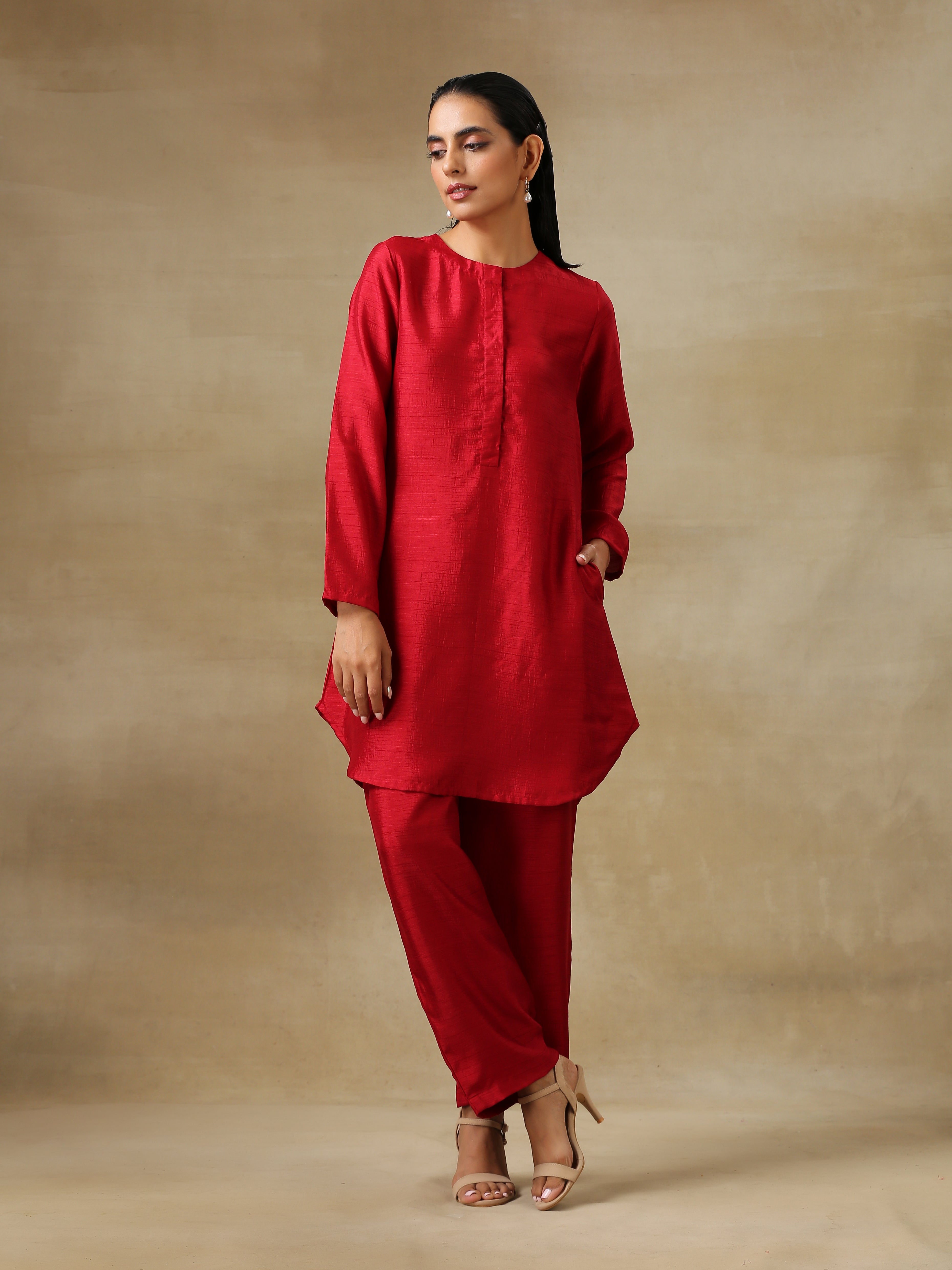 trueBrowns Maroon Textured Silk Front Placket Co-Ord Set | Grocsy
